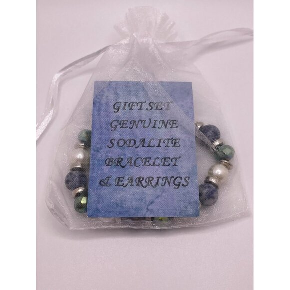 Bracelet and Earring Set Women Genuine Sodalite Gift Set Stretch Bracelet Blue - Picture 4 of 5